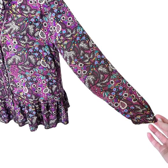 Maeve Janie Purple Floral Leaf Print Peasant Boho Ruffle Hem Blouse - Picture 7 of 11